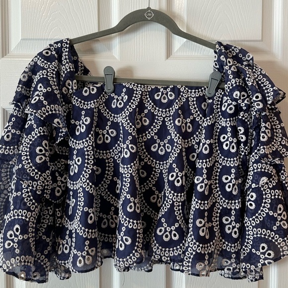 Caroline Constas Off the Shoulder Top Blue and White Embroidery size Small - Picture 4 of 7